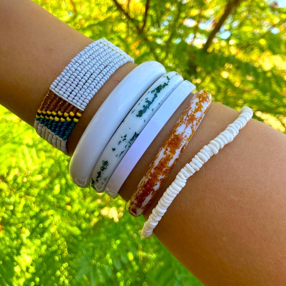 White Beaded and Bangle Bracelet Stack of 6